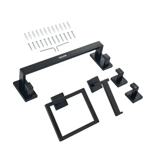 VEVOR Badezimmer Hardware Zubehör Set (5-tlg.) inkl. Handtuchstange (406,4 mm) & Handtuchhalter (quadratischer Ring) & 2 Haken & Toilettenpapierhalter, für Badezimmer, Wandmontage Mattschwarz – Bild 10