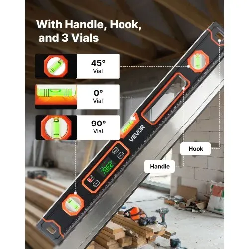 VEVOR Digitale Wasserwaage mit LCD-Display, 60 cm Richtwaage mit 3 Libellen 90°/45°/0°, Meganetische Maurerwaage mit IP54 Wasserschutz & 2 Batterien, 360° Messwerkzeug für Baustelle Hausrenovierung – Bild 5