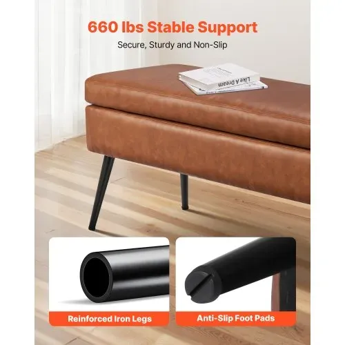 VEVOR Sitzbank Ottomane (40 x 120 x 45 cm) aus PU-Leder mit Metallbeinen & Stauraum, gepolsterte Schuhbank mit 300 kg Tragkraft, moderne Bettbank Schlafzimmerbank für Wohnzimmer Esszimmer Braun – Bild 2