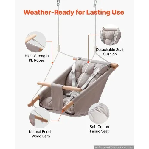 VEVOR 3-in-1 Babyschaukel Kinderschaukel 30kg Hängeschaukel aus Canvas Grau, für Indoor & Outdoor Geeignet, 5-Punkt-Gurt & Baumgurte, Hängesitz aus Holz mit Integriertem Kissen für Kleinkinder bis 3 Jahre – Bild 5