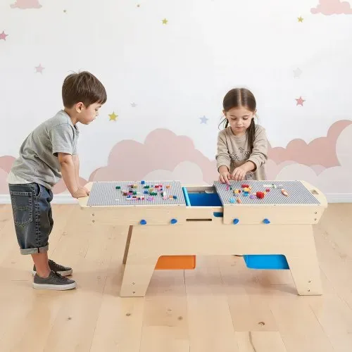 VEVOR Kindertisch 905 x 497 x 393 mm, Aktivitätstisch aus Holz, Mehrzweck-Spieltisch mit 200 Bausteinen und 3 Aufbewahrungsbehältern, Bausteintisch, Geschenk für Kinder ab 3 Jahren, Holzfarbe – Bild 7