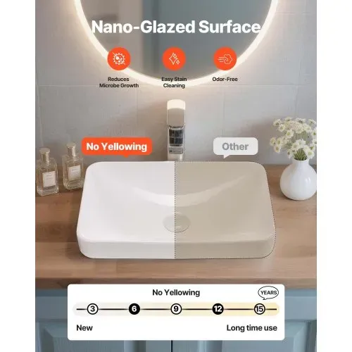 VEVOR Halbeinbauwaschbecken Handwaschbecken 490 x 305 mm rechteckiges Aufsatzwaschbecken mit 45 mm Abflussloch, modernes Einbauwaschbecken für kleine Räume Küchen Badezimmer Weiß – Bild 2