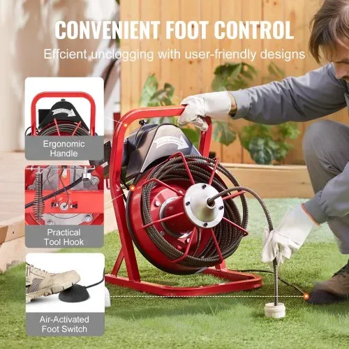 VEVOR Rohrreinigungsmaschine 50 FT x 3/8 Zoll, Kanalisationsspirale mit manueller Zuführung, 250 W elektrische Rohrreinigungsmaschine mit 4 Schneidern und luftaktiviertem Fußschalter für 2" bis 4" Rohre – Bild 5