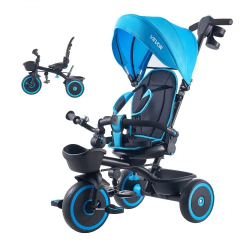VEVOR Dreirad für Kinder von 1 bis 5 Jahren, Laufrad mit Schubstange, Klappbarem Verdeck, Verstellbarem Sitz und Aufbewahrungskorb, Kinderdreirad als Geschenk für Jungen und Mädchen, Blau+Schwarz VEVOR Dreirad für Kinder von 1 bis 5 Jahren, Laufrad mit Schubstange, Klappbarem Verdeck, Verstellbarem Sitz und Aufbewahrungskorb, Kinderdreirad als Geschenk für Jungen und Mädchen, Blau+Schwarz
