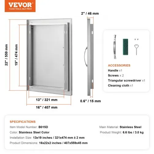 VEVOR Grill-Zugangstür, 407 x 559 x 46 mm, Einzelne Außenküchentür, Flächenbündig Montierte Edelstahltür, Vertikale Wandtür mit Griff, für Grillinsel, Grillstation, Außenschrank usw. – Bild 6