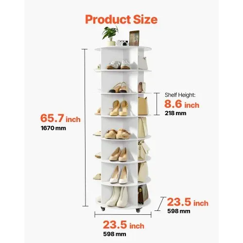VEVOR Schuhregal Schuhschrank für 28 Paar Schuhe (7-stöckig) 360° drehbar, Schuhaufbewahrung mit Rollen, Schuhablage für Schlafzimmer Wohnzimmer Eingangsbereich, Weiß 598 x 598 x 1670 mm – Bild 2