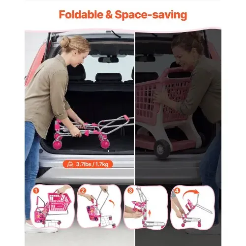 VEVOR Einkaufswagen für Kinder, Einkaufswagen Supermarkt Spielzeug mit Klappsitz für Puppen Stahlrahmen & Rollen, Faltbares Kaufladenzubehör mit Puppen-Spielzeug, Kaufmannsladen Spiele für Kinder ab 3 – Bild 6