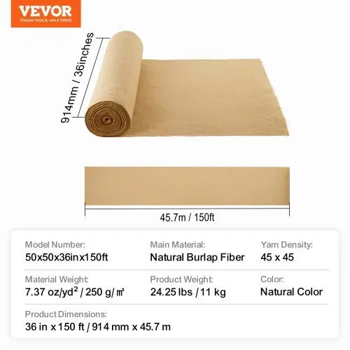 VEVOR Jute Stoff, Sackleinen-Stoffrolle, 50x50 hochdichte breite natürliche Sackleinen-Stoffrollen, 914mmx45,7m, für Dekoration, Handwerk, Hochzeit, Gartenarbeit, Pflanzen- & Baumwinterabdeckung – Bild 6