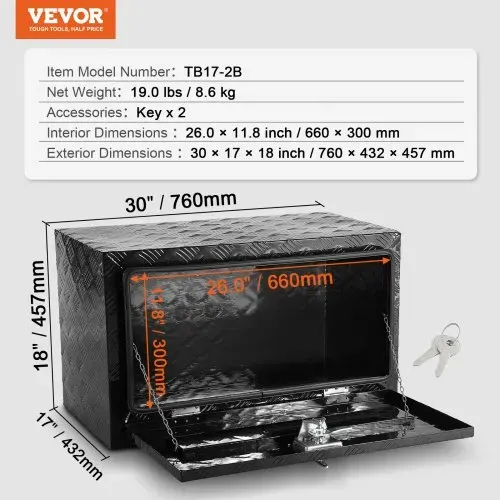 VEVOR Truckbox Werkzeugbox, Unterboden-Anhängerbox, Werkzeugkasten 760 x 432 x 457 mm Pickup-Aufbewahrungsbox, Aluminiumlegierung, 30 kg belastbarer Werkzeugkasten, abschließbare Aufbewahrungsbox – Bild 6