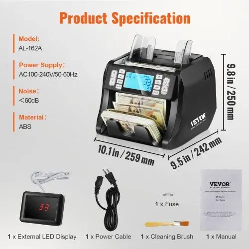 VEVOR Geldzählmaschine, Banknotenzähler mit UV-, MG-, IR- und DD-Falschgelderkennung, USD- und EUR-Geldzählmaschine mit Additions- und Batch-Modus, Großes LCD & Externes Display – Bild 6