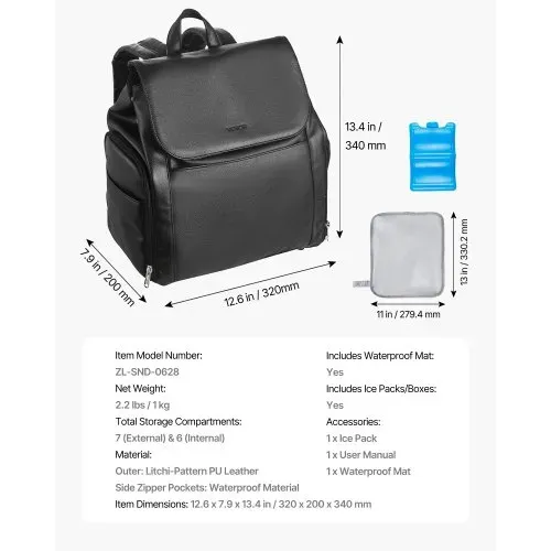 VEVOR Milchpumpen-Rucksack, 320x200x340 mm, mit Kühlakku, passend für S1/S2, Pumpzubehör und Muttermilchaufbewahrung, Wickelrucksack für Arbeit, Reisen und Familiengebrauch, Schwarz – Bild 6