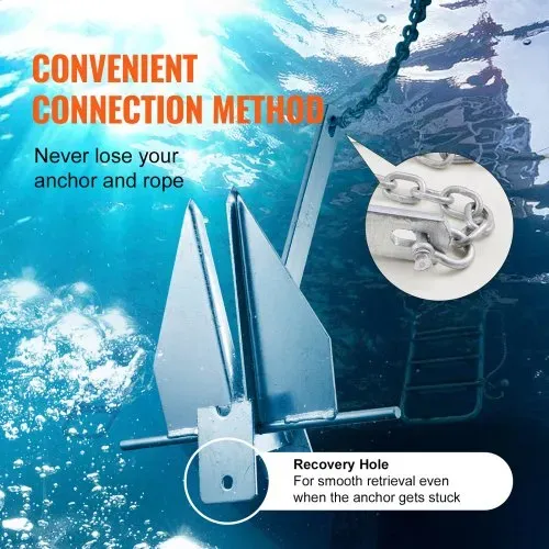 VEVOR Fluke-Ankerset Feuerverzinkter Fluke-Anker aus Stahl mit 2,4 m Kette, 30,8 m Seil und zwei 11 mm Schäkeln, Bootsanker für kleine Schiffe unter 9,14 m, Meere, Flüsse und Küsten 6kg – Bild 4