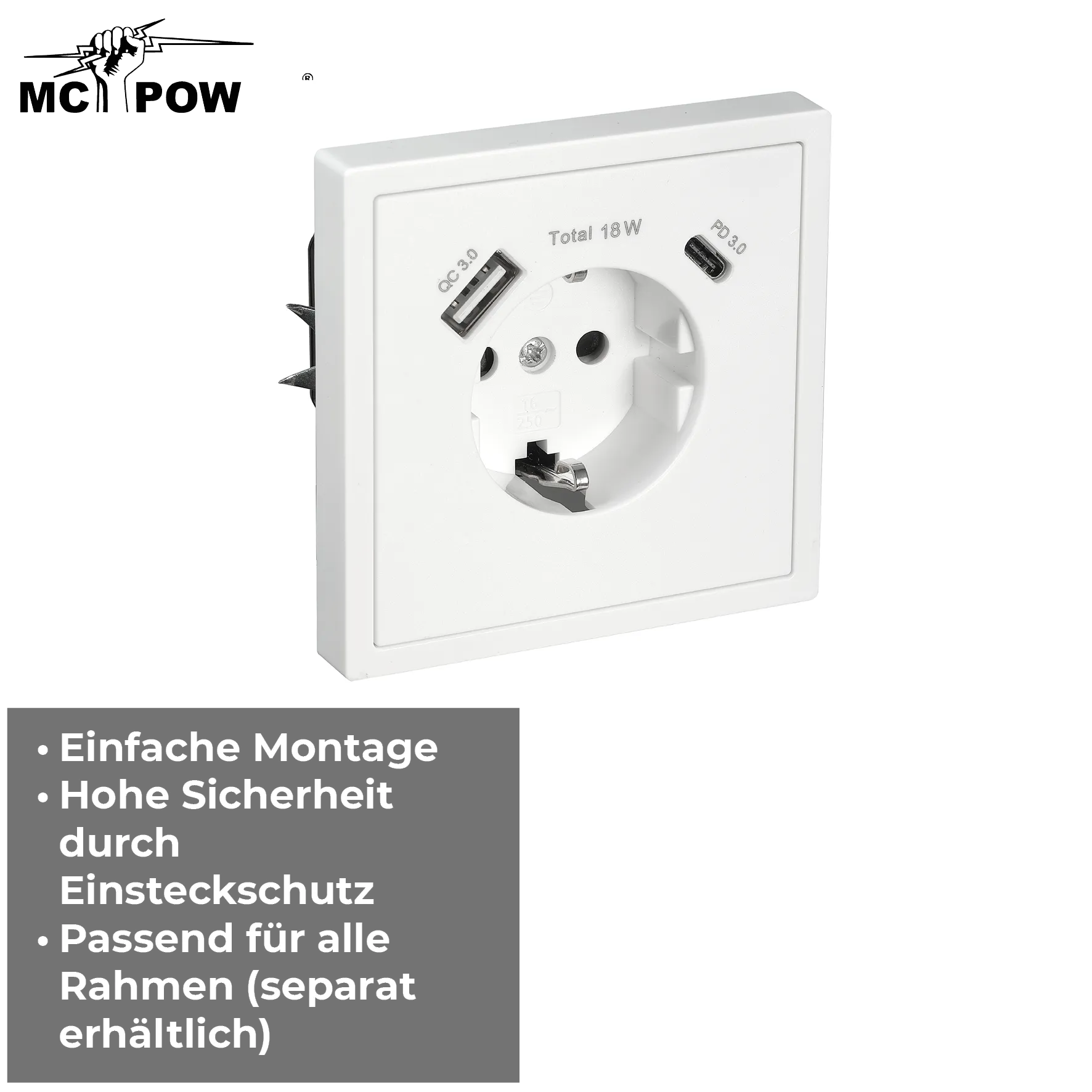 Schutzkontakt-Steckdose McPower ''Shallow'' 1x USB-C - 18W Quickcharge - 1x USB-A – Bild 4