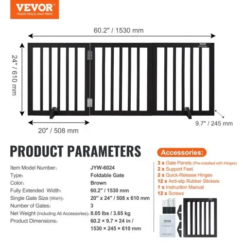 VEVOR Freistehendes Hundetor, Haustiertor, 508 x 610 mm Türschutzgitter 3-Platten-Faltbares Hundetor für Breite & Schmale Durchgänge, Erweiterbare Klappbare Hundebarriere, Braunes Treppenschutzgitter – Bild 6