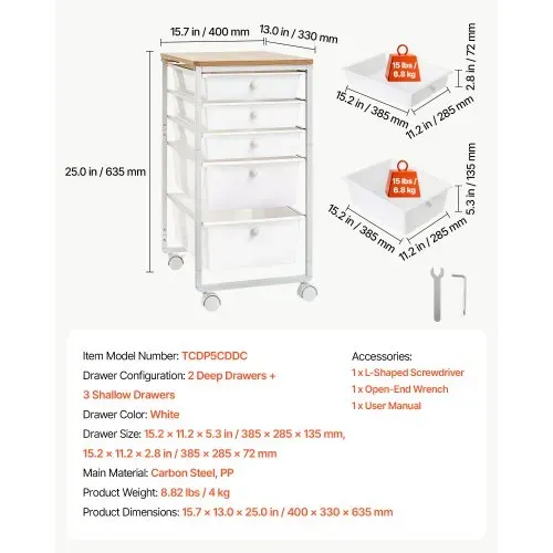 VEVOR Rollwagen mit 5 Schubladen Mobiler Rollcontainer 400x330x635mm Weiß, Metallgestell, Holztischplatte, Handgriffe, Lenkrolle mit 2 Bremsen, Aufbewahrungswagen für Büro Bastelzimmer Schlafzimmer – Bild 6