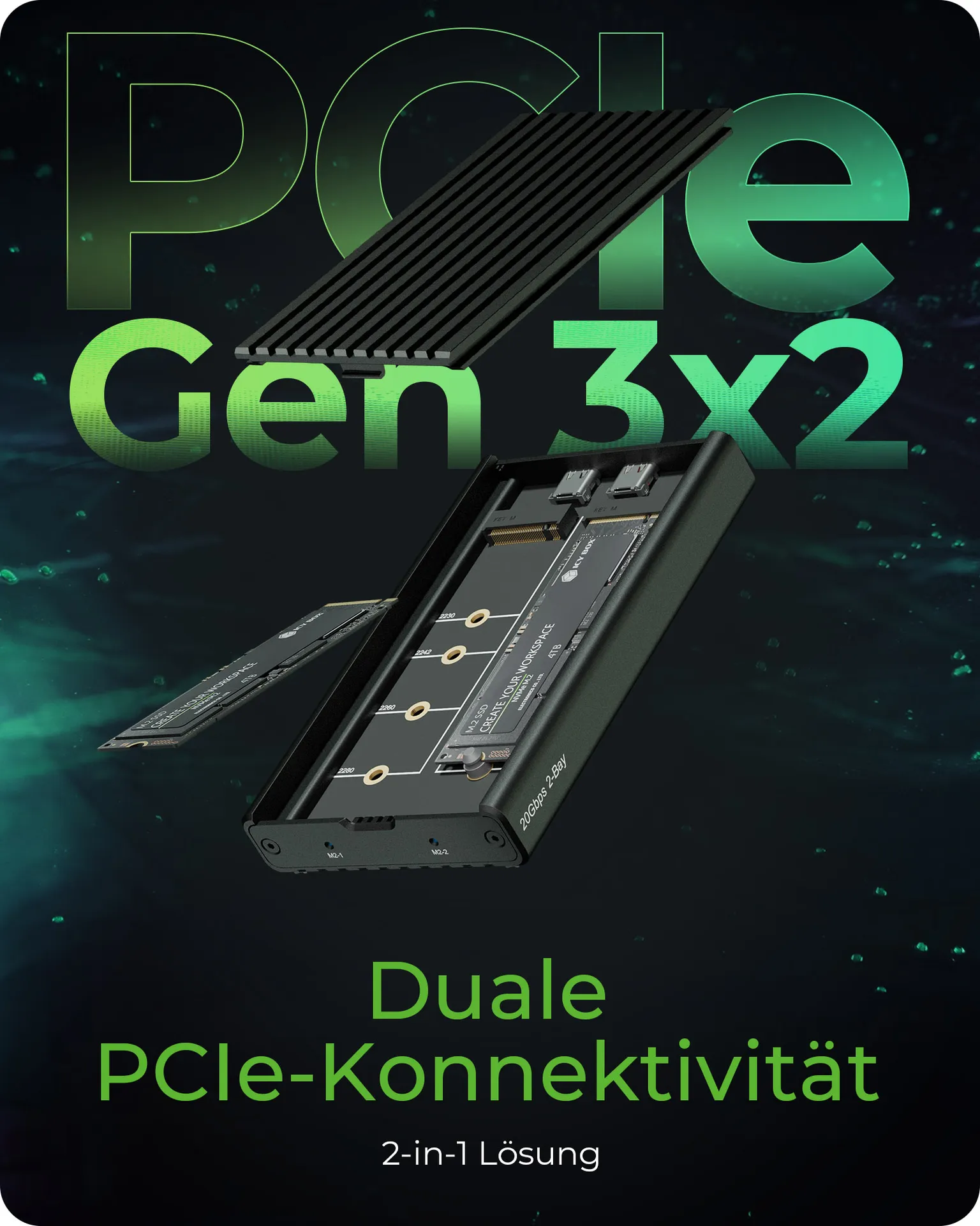 ICY BOX IB-2817M-C32, 2-fach M.2 PCIe NVMe Gehäuse, Host USB 3.2 Gen2x2 Type-C® 20 Gbit/s, für 22x30/42/60/80 mm M.2 SSD, Aluminium – Bild 3