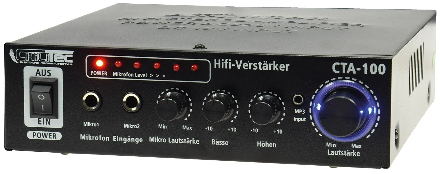 HiFi-Verstärker „CTA-100“ 100W, schwarz 1x Line In, Betrieb 12V o. 230V HiFi-Verstärker „CTA-100“ 100W, schwarz 1x Line In, Betrieb 12V o. 230V