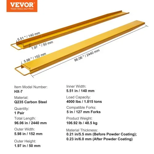 VEVOR Palettengabelverlängerungen, 243,8 cm Länge, 14 cm Breite, robuste Gabelverlängerungen aus Karbonstahl für Gabelstapler, 1 Paar Gabelstaplerverlängerungen, industrielle Gabelaufsätze für Gabelstapler, gelb – Bild 6