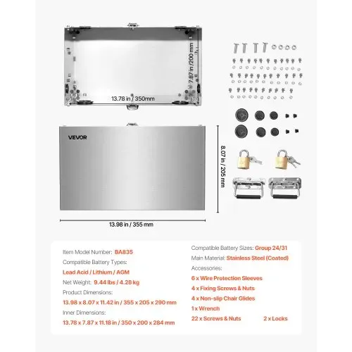 VEVOR Batteriekasten, Gruppe 24/31 Batteriebox, Marinebatteriegehäuse mit Schloss, Griffen & Gummitüllen-Kabellöchern, Edelstahlgehäuse, geeignet für Autos, Boote & Trolling-Motoren – Bild 6