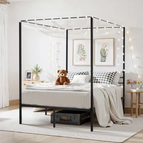 VEVOR Himmelbettrahmen (Full Size), Metallhimmelbett mit Himmelbett-Design (363 kg belastbar), robuste Stahllattenstütze (Quadrat), Stauraum unter dem Bett, kein Boxspring erforderlich, Schwarz – Bild 7