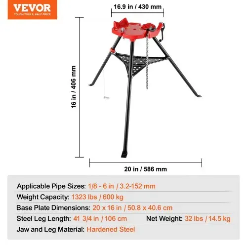 VEVOR Stativ-Rohrkettenschraubstock mit Rohrständer klappbare Stahlbeine Rohrstützen mit Werkzeugablage Stativständer-Kettenschraubstock ideal für eine Vielzahl von Rohrmaterialien – Bild 6