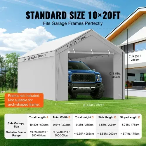VEVOR Carport Garagezelt, oben + Seitenwand 3 x 6 m, Garagenzelt-Unterstandplane, wasserdicht und UV-geschützt, einfache Installation mit Spanngurten, weiß (Rahmen nicht im Lieferumfang enthalten) – Bild 3