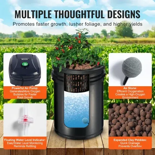 VEVOR RDWC Hydrokultur-Anbausystem, Hydrokultur-Anbauset mit Top Drip, Umwälz-Tiefwasserkultur, 4 Schnallen und 1 Reservoir, mit Luftpumpe und Wasserstandsanzeige für Blattgemüse – Bild 2