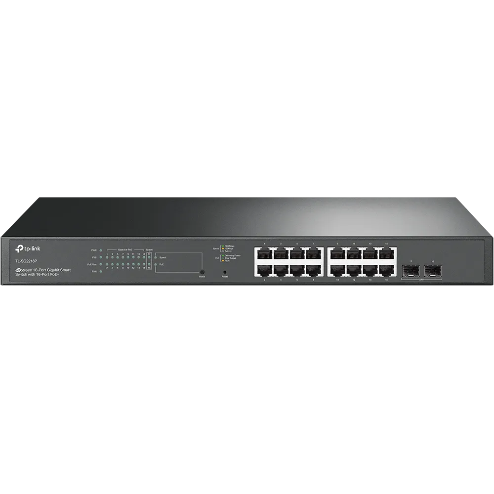 TP-Link Switch smart managed Layer2 18 Port • 16x 1 GbE • PoE Budget 150W • 2x SFP • 19″ • Omada • SG2218P TP-Link Switch smart managed Layer2 18 Port • 16x 1 GbE • PoE Budget 150W • 2x SFP • 19″ • Omada • SG2218P