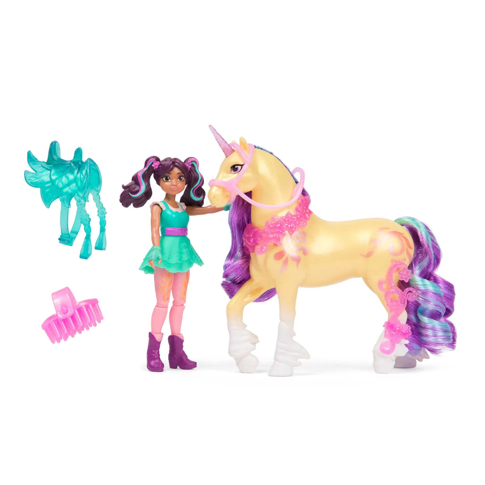 Unicorn Academy - Ava und Einhorn Leaf Set, ca. 12 cm Originalfiguren zur Netflix Serie mit abnehmbarem Sattel, Mähnen- und Schweifbürste und Zubehör, für Kinder ab 4 Jahren – Bild 2
