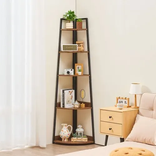 VEVOR Eckregal mit 5 Ebenen, hoher Eckständer Pflanzenregal, Displayregal Lagerregal mit Metallrahmen & Holzregalen, Standregal Ausstellungsbücherregal für Schlafzimmer Wohnzimmer Büro Braun – Bild 7