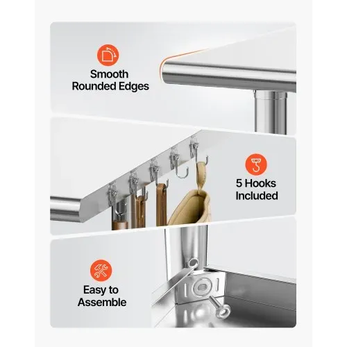 VEVOR Gasto Arbeitstisch 915 x 610 x 864 mm, Edelstahltisch mit 3 Ebenen & Rollen & Höhenverstellbaren Ablagen Belastbarkeit Top 227 kg & 2 Unterablagen je 191 kg Vorbereitungstisch für Restaurant – Bild 4