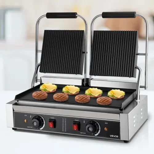 VEVOR kommerzieller Panini-Grill Kontaktgrill 3600 W für Sandwiches Steak Bacon Hamburger, Sandwichmaker Pressgrill aus Edelstahl mit Griff & Temperaturregelung & 48 x 23 cm Heizplatte, Paninipresse – Bild 7