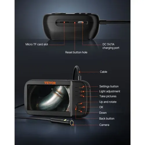 VEVOR Endoskopkamera mit Licht Dreifach Linsen Industrie Endoskop 4,5" IPS Bildschirm Inspektionskamera 1920x1080 Wasserdichtes Rohrkamera Inspektion von Automotoren Abwasserkanälen HVAC-Kanälen – Bild 5