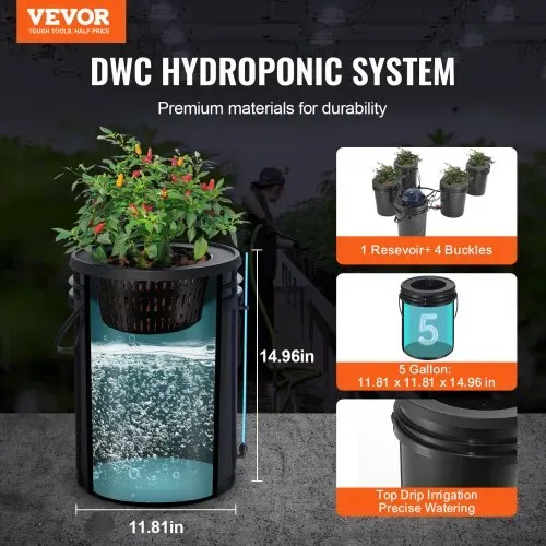 VEVOR RDWC Hydrokultur-Anbausystem, Hydrokultur-Anbauset mit Top Drip, Umwälz-Tiefwasserkultur, 4 Schnallen und 1 Reservoir, mit Luftpumpe und Wasserstandsanzeige für Blattgemüse VEVOR RDWC Hydrokultur-Anbausystem, Hydrokultur-Anbauset mit Top Drip, Umwälz-Tiefwasserkultur, 4 Schnallen und 1 Reservoir, mit Luftpumpe und Wasserstandsanzeige für Blattgemüse