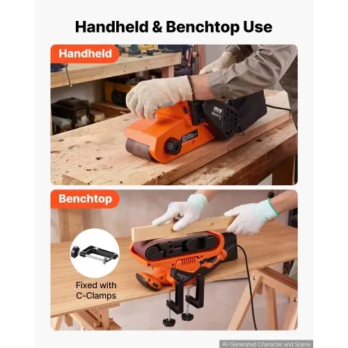 VEVOR 750W Bandschleifer Elektrischer Holzschleifer 7,6x53,3cm Bandgröße, 3,2-6,2m/s Drehzahlregelung, 10 Schleifbänder, 2 Staubbeutel, 3m Netzkabel, Staubsaugeradapter, 2-in-1 Hand- & Tischgerät – Bild 2