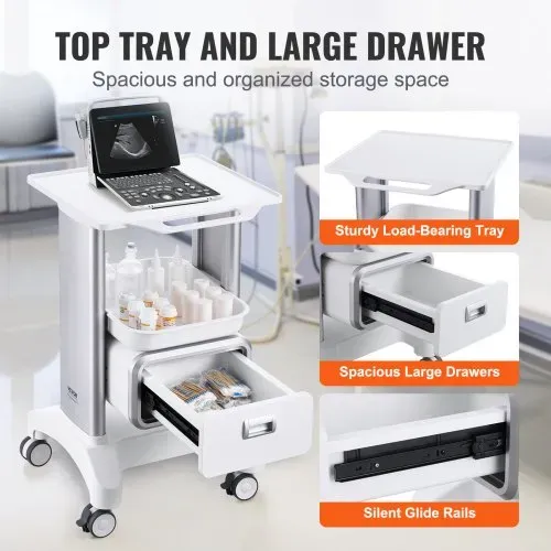 VEVOR Laborwagen mit 2 Ebenen, Laborwagen mit 1 Schublade und 1 oberem Tablett, mobiler medizinischer Wagen aus ABS-Material, Laborrollwagen mit 4 leisen Rädern für Labor, Klinik, Krankenhaus, Salon, weiß – Bild 4