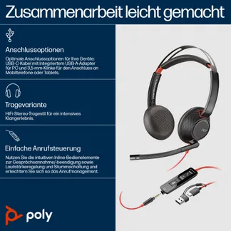HP Poly Blackwire 5220 Stereo USB-C-Headset +3,5-mm-Stecker +USB-C/A-Adapter (Packungseinheit) HP Poly Blackwire 5220 Stereo USB-C-Headset +3,5-mm-Stecker +USB-C/A-Adapter (Packungseinheit)