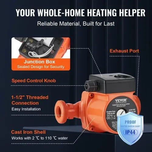 VEVOR Heizungspumpe Umwälzpumpe Pumpe Gusseisen 220 V 72 W, 50l/min Max. Durchflussrate, 4m Max. Förderhöhe, 1-1/2 Zoll Gewindeanschluss, Temperaturbereich Von 2 °C Bis 110 °C, Drei Einstellbare Durchflussraten, Geräuscharm – Bild 5
