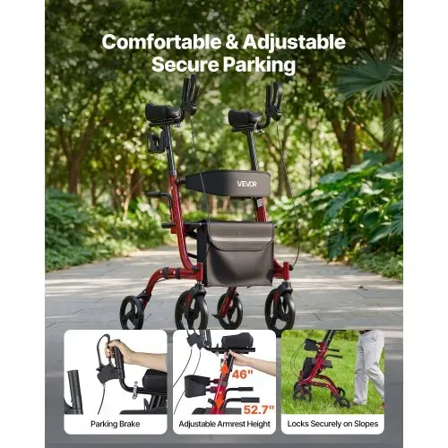VEVOR Rollator Faltbar mit Sitz, Leichtgewicht Gehwagen mit 4 PVC Reifen, Gehhilfe bis 136 kg mit Rückenlehne Tasche Gehstockhalter, Höheverstellbare Laufhilfe mit Feststellfunktion für Senioren, Rot – Bild 4
