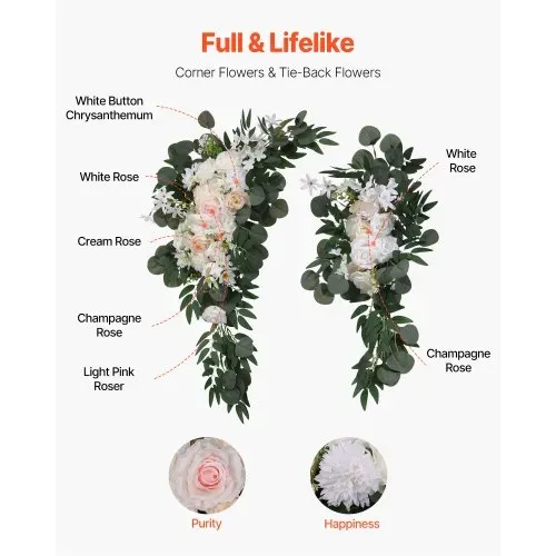 VEVOR Blumenset für Hochzeit Bogen, weiße Blumen für Traubogen mit Vorhängen (4er-Set) – 2 Blumenarrangements, 2 transparente Vorhänge, für Zeremoniensträuße, Empfangshintergrunddekoration – Bild 4