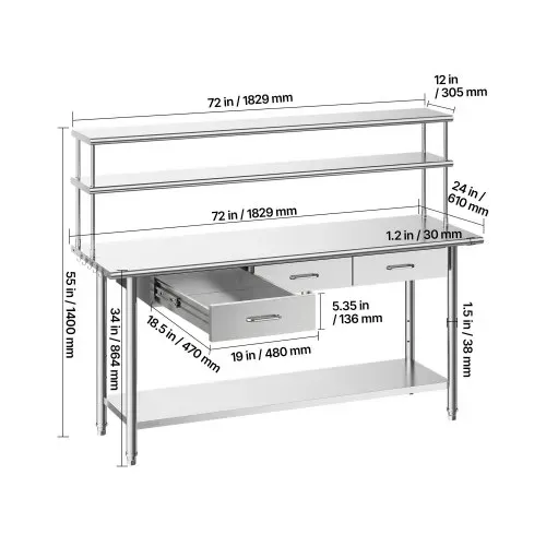 VEVOR Gastronomie Arbeitstisch 1829 x 610 x 1400 mm, Edelstahltisch mit Grundboden & 3 Schubladen & Doppelaufsatzbord, Gewerblicher Vorbereitungstisch Werkbank für Restaurant Garage Küchentisch – Bild 2