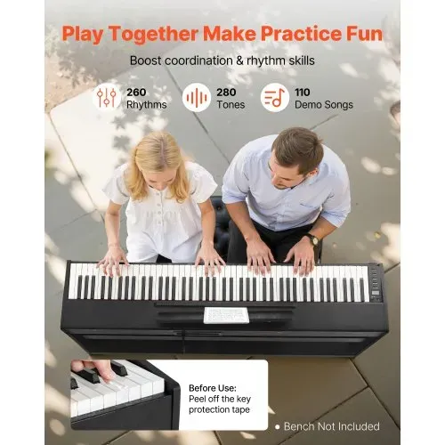 VEVOR Digitalpiano, 88 Tasten vollgewichtet anschlagdynamisch, E-Piano mit Möbelständer, Netzadapter, Dreifachpedal, Aufnahmefunktion, 280 Töne, Kabellose Verbindung, für Anfänger, Schwarz – Bild 3