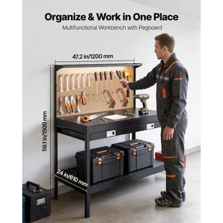 VEVOR Werkbank mit Lochwand, 110kg Belastbarer Arbeitstisch inkl. 2 Ablagefächer 2 Schubladen LED-Beleuchtung & Integrierter Steckdosenleiste mit USB, Multifunktionstisch mit Werkzeugwand für Heimwerk VEVOR Werkbank mit Lochwand, 110kg Belastbarer Arbeitstisch inkl. 2 Ablagefächer 2 Schubladen LED-Beleuchtung & Integrierter Steckdosenleiste mit USB, Multifunktionstisch mit Werkzeugwand für Heimwerk