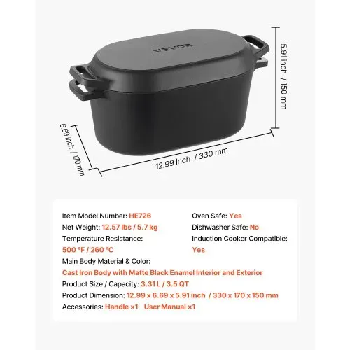 VEVOR Schmortopf aus emailliertem Gusseisen, 3,31 L Dutch Oven zum Backen von Sauerteigbrot, robuster Kochtopf mit Deckel & Griffen, geeignet bis 260 °C, Brottopf Eintöpfen zum Kochen und Braten – Bild 6