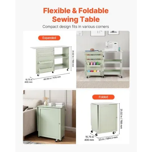 VEVOR klappbarer Nähtisch Nähmaschinentisch mit kompaktem Design & Ablagefächern & Holzklammern & magnetischem Türschloss, Mehrzwecktisch für Modestudio Kunststudio Zuhause, Hellgrün – Bild 2
