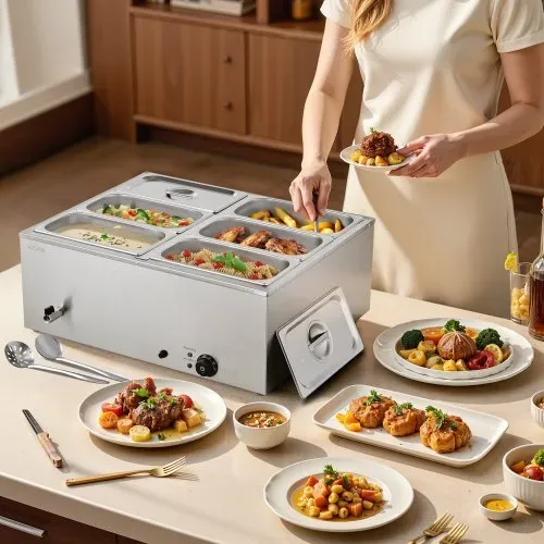 VEVOR kommerzieller Speisenwärmer (6 x 1/3 Größe Behälter), 1,5 kW elektrischer Wärmebehälter aus Edelstahl mit Abdeckung & Suppenkelle, Chafing Dishes Set für Catering Restaurant Party – Bild 7
