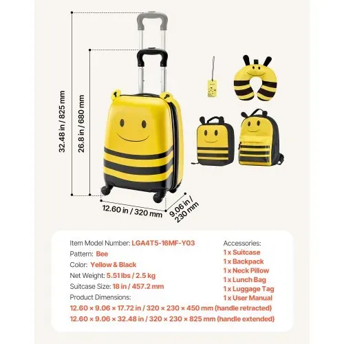 VEVOR 5 tlg. Kinderkoffer Set, 457,2 mm, Hartschalenkoffer mit Kindertrolley, Rucksack, Nackenkissen, Lunchbox & Kofferanhänge, Kofferset fürJungen & Mädchen, praktisch für Reisen Fliegen (Bienen) – Bild 6