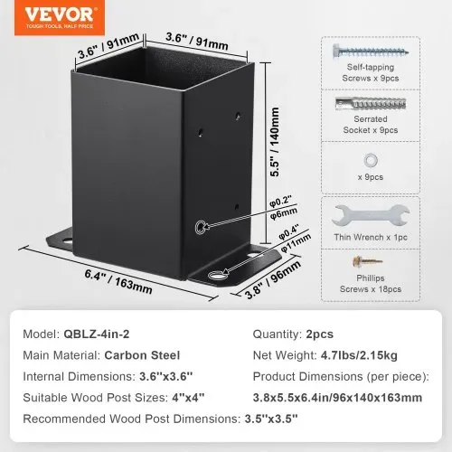 VEVOR 2er-Set Aufschraubhülse 96 x 140 x 163 mm Pfostenträger aus Kohlenstoffstahl mit Sprühbeschichtung Installation auf Beton-oder Holzböden Pfostenschuh Pfosten Ideal für Pergolen Verandageländern – Bild 6