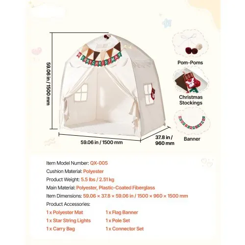 VEVOR Spielzelt Kinderzelt Tipi Zelt Kinderspielhaus 1500x960x1500 mm Beige, Möbel für Kleinkinder, mit Fiberglasrahmen, Gepolsterter Matte, Sternenlichtern, Tragetasche, Flagge & Atmungsaktivem Fenster – Bild 6
