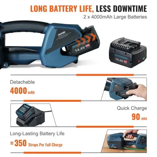 VEVOR Elektrische Umreifungsmaschine, für 0,35"-0,63" PP-PET-Bänder, tragbares elektrisches Umreifungswerkzeug mit Digitalanzeige, 2 x 4000 mAh batteriebetriebenes automatisches Umreifungswerkzeug für Verpackungskartonpaletten – Bild 2